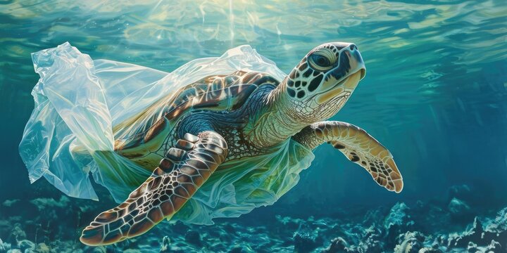 Green sea turtle in a plastic bag floating in the water. Concept of environmental pollution.