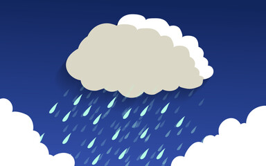 llustration of Cloud and rain on dark background. heavy rain rainy season paper cut and flat style. vector illustration.