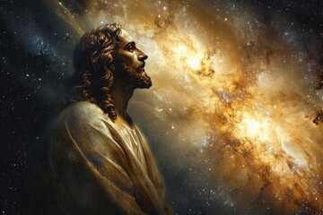 Obraz premium Jesus as a celestial astronomer Gazing upon divine galaxies