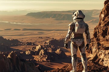 Model in a spacesuit exploring a futuristic martian landscape - obrazy, fototapety, plakaty