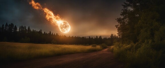Burning meteorite or asteroid rapidly crossing the dark sky, with a trail of fire, forest landscape. - obrazy, fototapety, plakaty