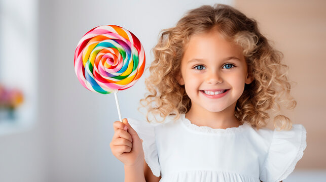 adorable little girl holding colorful lollipop and smiling at camera