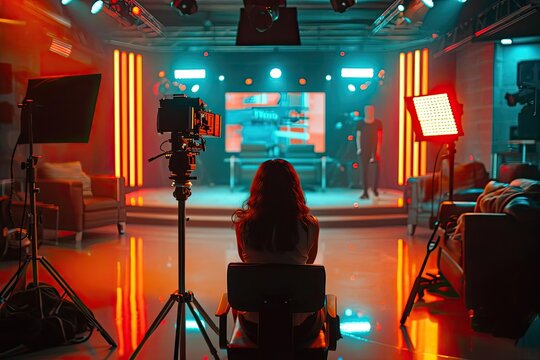 Model as a charismatic talk show host Stylish tv studio set