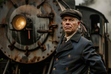 Model as a vintage train conductor beside an old steam locomotive