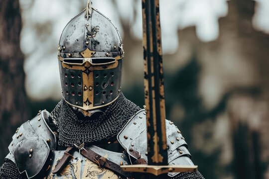 Model dressed as a medieval knight in armor