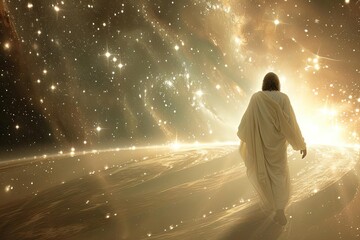 Dreamlike depiction of jesus walking on a path of stars Symbolizing guidance and divine journey