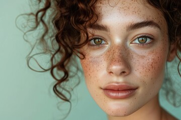 Close-up studio portrait of a woman with curly hair and freckles, isolated on a light green background