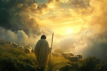 Jesus as a shepherd in a surreal Heavenly landscape