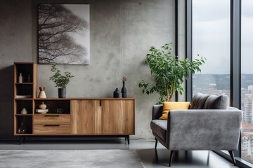 Modern living room interior with gray sofa, wooden cabinet and green plants