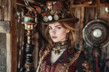 Obraz premium Model in a steampunk outfit with intricate gadgets in a victorian setting