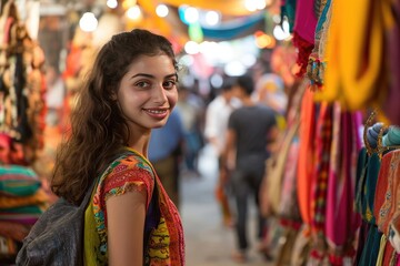 Obraz premium Model in a vibrant street market Interacting with local vendors