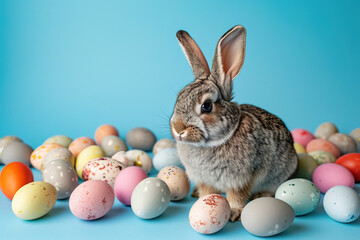 Easter Bunny with an Assortment of Speckled Eggs on Blue Background