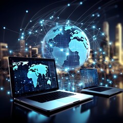 business data on computer devices with global networks, Data exchange, Information Transfer, data science analysis and the internet
