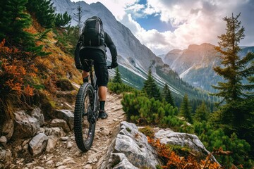 Fototapeta premium Mountain biker exploring rugged trails Illustrating adventure and outdoor enthusiasm