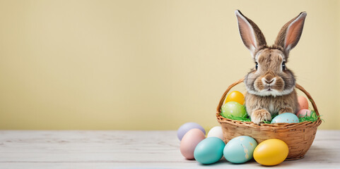 Fototapeta na wymiar Easter Bunny sits in a basket with Easter eggs banner, copy space, Generative ai