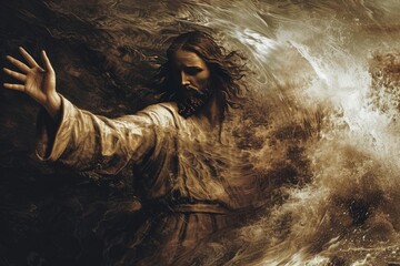 Stylized image of jesus calming a storm With elements of nature in turmoil and divine peace