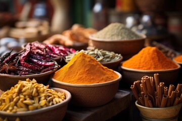 assorted herbs and spices in a traditional market - obrazy, fototapety, plakaty