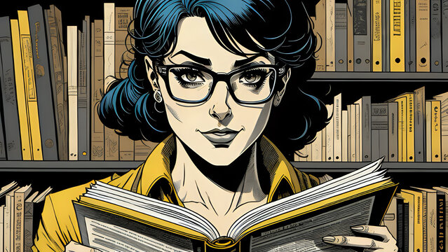 illustrazione di una donna interessante con occhiali e capelli blu e tema giallo.