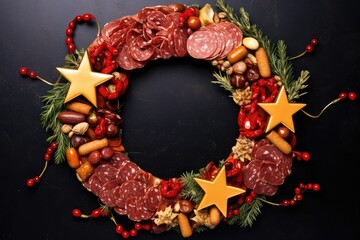 Charcuterie wreath in color design with decorations. Modern snack, top view with copy space, appetizers boards with assorted cheese, meat