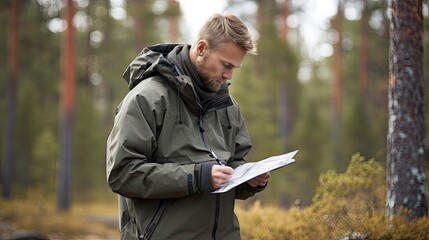 A Caucasian male forester walks around his territory and checks the safety of the trees.