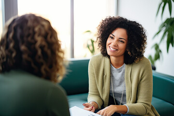 Young female psychologist talking to a client in her office