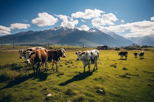 Herd of cows at summer green field in the mountains