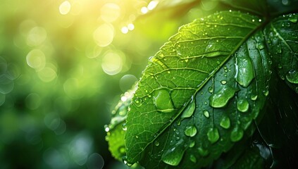 closeup natural green leaf with water drops, beautiful Background