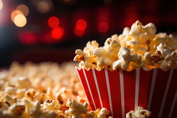 A red and white striped container filled with popcorn against a blurry background of red lights