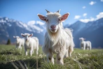Obraz premium Domestic goats are a mother goat and two goats. In nature, in the meadow. Pets. Portrait. The goats look at the viewer. goats in the mountains in nature in summer