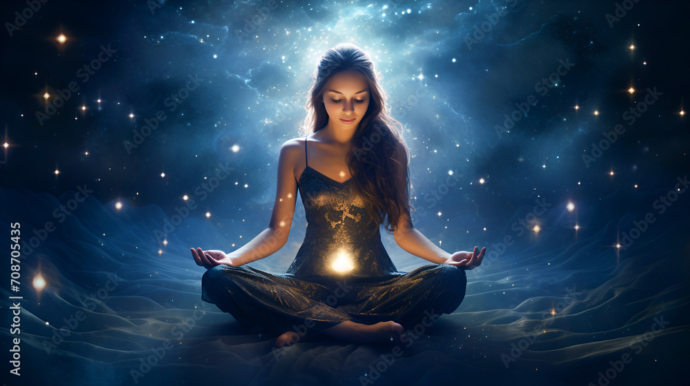 Wall mural a serene woman in lotus position meditates, her form blending with a cosmic nebula backdrop, illustr