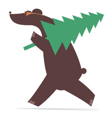 Cartoon bear with a Christmas, New Year day tree. 
Cartoon bear carries Christmas, New Year day fir white. Isolated on white background
