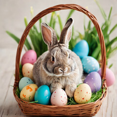 Fototapeta na wymiar Easter Bunny sits in a basket with Easter eggs, Generative ai