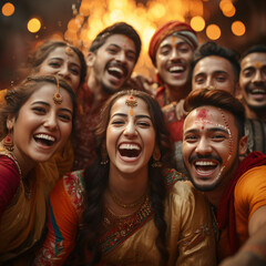 Young adults in vibrant traditional attire with cheerful smiles. Generative AI