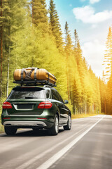 A visual representation of family wanderlust, suitcases fastened on top of the car.