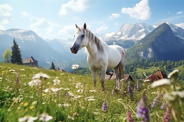 Fototapeta na wymiar Thoroughbred horses walking in a field at sunrise. summer, glade, grass, mountains, great weather, beautiful horses walking