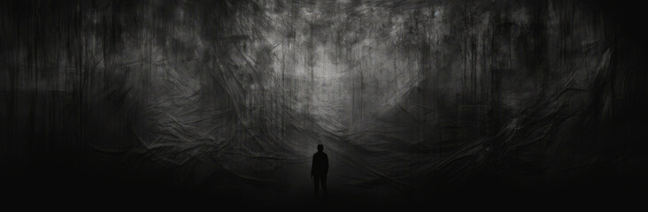 I am the darkness . Silhouette of a man stood in a tunnel, Dark gray cement scratches for the background. Foggy black cement. Shabby dark walls - obrazy, fototapety, plakaty