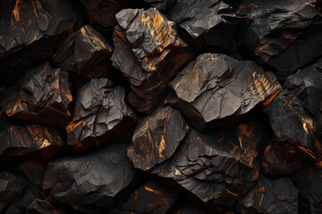 Charred wood or stone bark black and gold texture. Stacked wall with golden accents. Mineral Copper Background Created