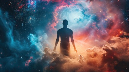 Obraz premium Surrealism and surrealism concept. Illustration of a man standing on a cloud and looking at the universe
