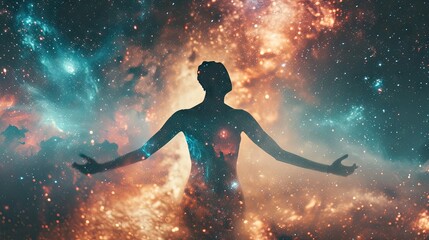 Naked woman with hands in the air against the backdrop of the universe - obrazy, fototapety, plakaty