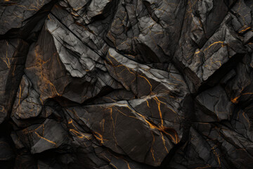 Charred wood or stone bark black and gold texture. Stacked wall with golden accents. Mineral Copper Background Created - obrazy, fototapety, plakaty