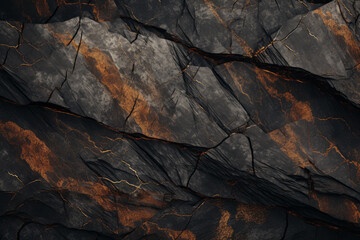 Charred wood or stone bark black and gold texture. Stacked wall with golden accents. Mineral Copper...