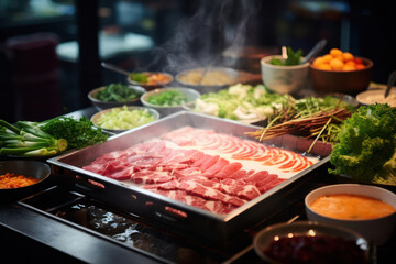 Delicious Japanese Gourmet: Hot Raw Yakiniku Beef Plate with Fresh Korean Kimchi