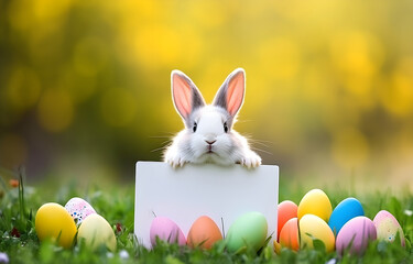 Fototapeta na wymiar Easter bunny holds a white blank sign in its paws on colorful blurred easter eggs and green grass nature background
