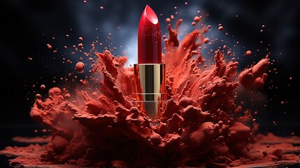 Red lipstick with red powder explosion - obrazy, fototapety, plakaty