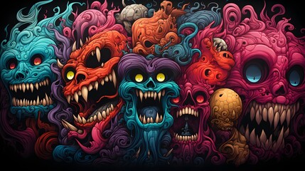 psychedelic dark halloween monsters skulls - obrazy, fototapety, plakaty