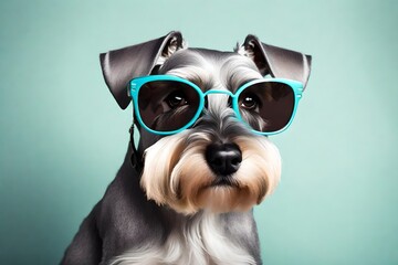 yorkshire dog in sunglass shade glasses isolated on solid pastel background - obrazy, fototapety, plakaty