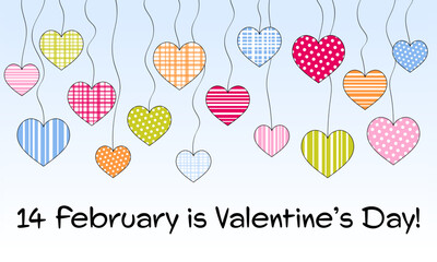 14 February is Valentine’s Day - Schriftzug in englischer Sprache - Am 14. Februar ist Valentinstag. Verkaufsplakat mit einem Himmel voller bunter Herzen.