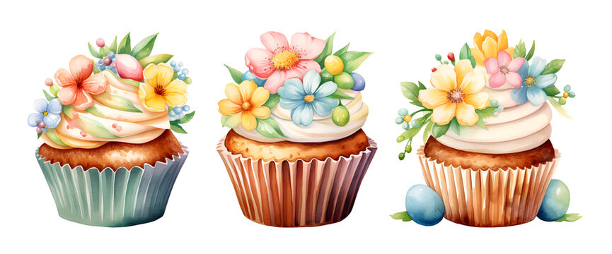 Easter cupcake, watercolor clipart illustration with isolated background.