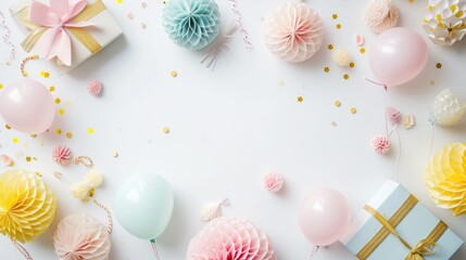 Flat lay of birthday party decorations on white background with copy space. AI generated