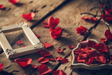 Naklejka na ściany i meble Valentine's day background with red rose petals and wooden photo frame. AI generated